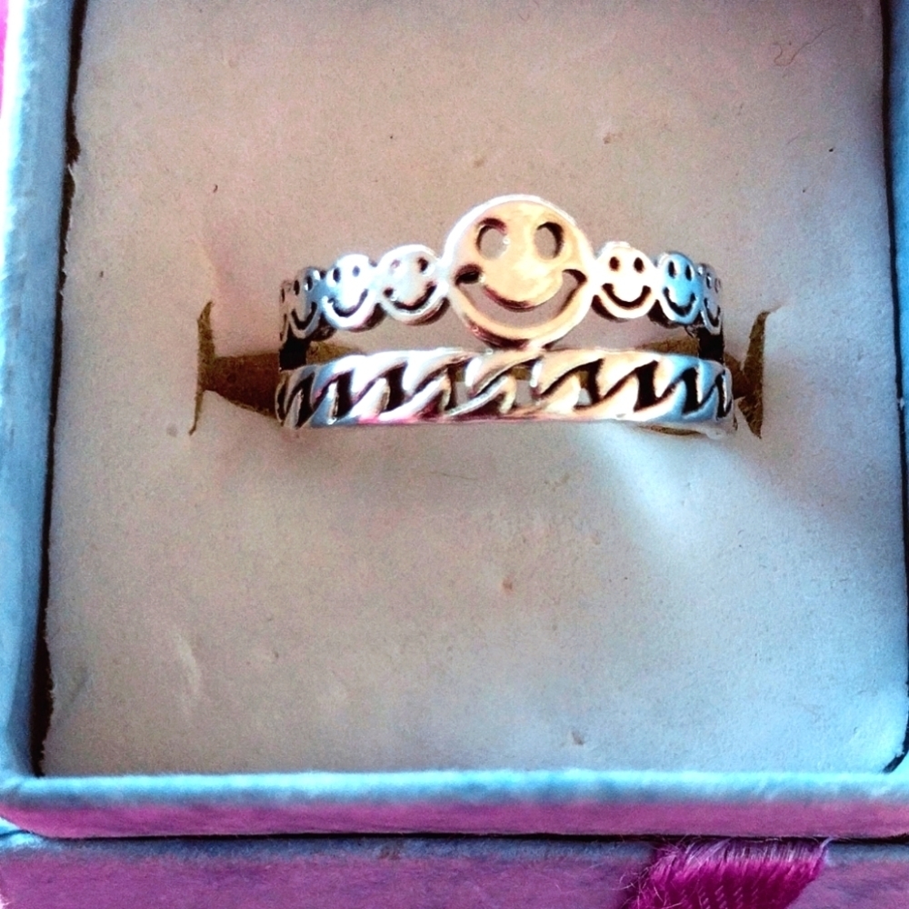925 adjustable double band smiley face ring